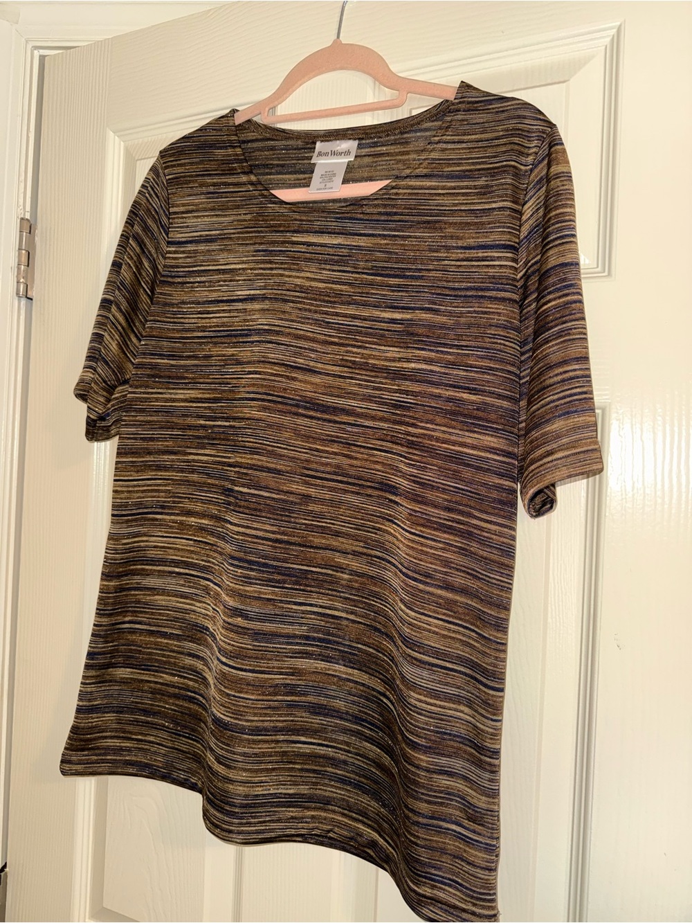 Bon Worth Short-Sleeve Striped Knit Top in Brown and Blue